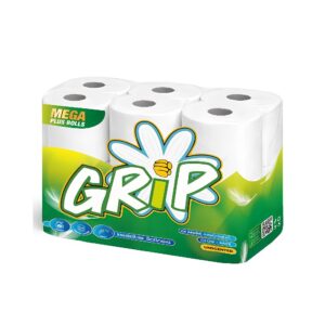 Pack of Grip brand toilet paper rolls in green and white packaging.