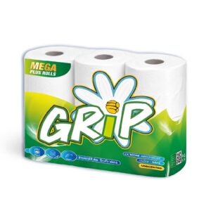 Pack of Grip brand toilet paper with three rolls.