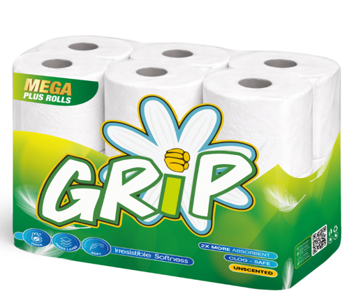 Pack of Grip brand paper towels with a floral design on the packaging.