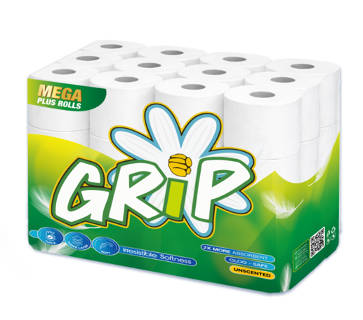 Pack of Grip brand mega roll toilet paper with a daisy logo.