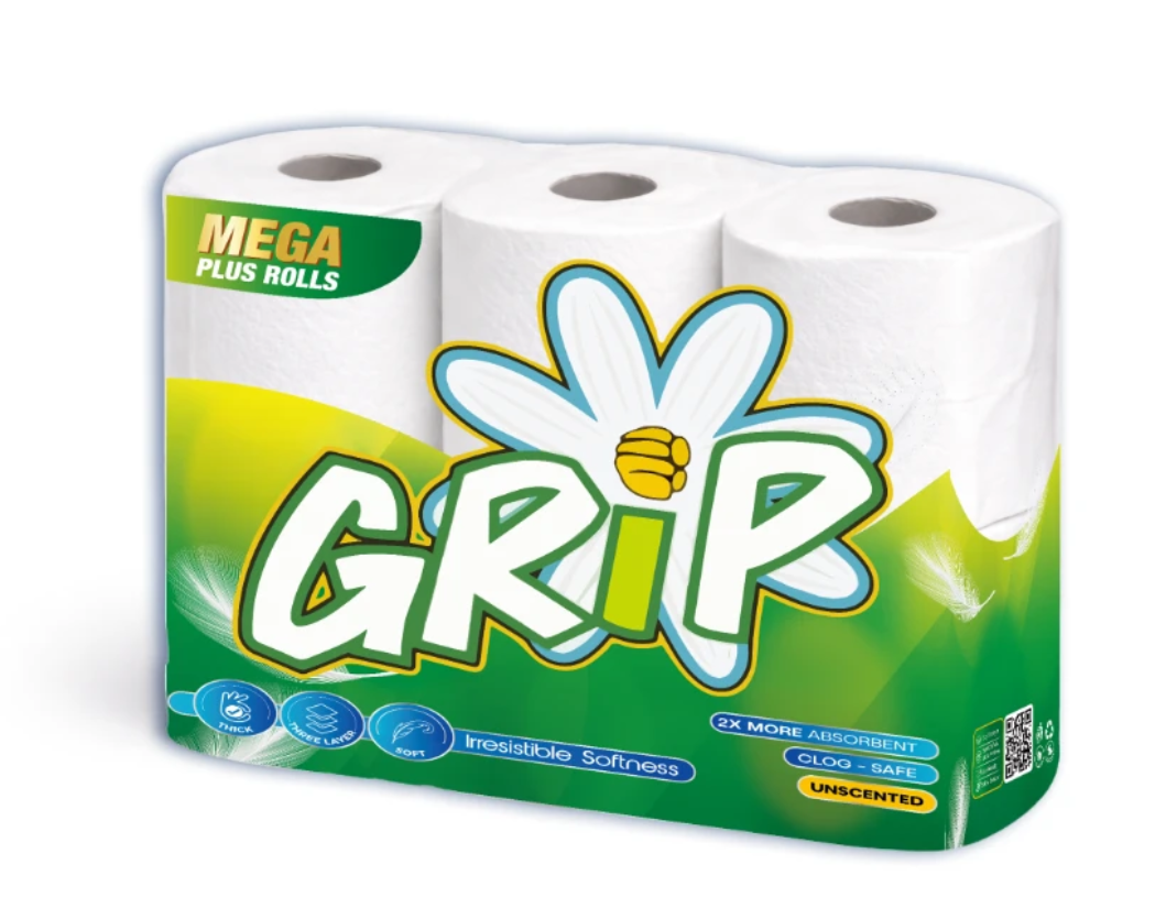 Pack of Grip brand toilet paper with three rolls.